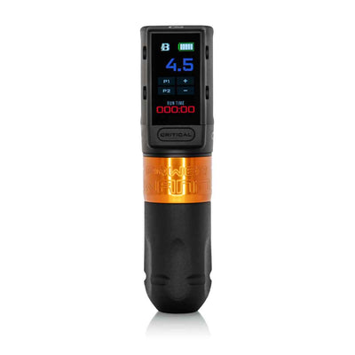 A Bishop Power Wand Advanced tattoo machine with a digital battery life readout, an orange body, and black handle.