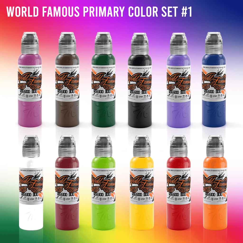 World Famous Tattoo Ink - 12 Primary Color Tattoo Kit #3 - Professional Tattoo Ink in Color Assortment, Includes White Tattoo Ink - Skin-Safe