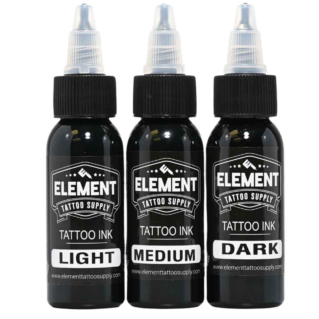 front voew of 3 shade greywash tattoo ink by element