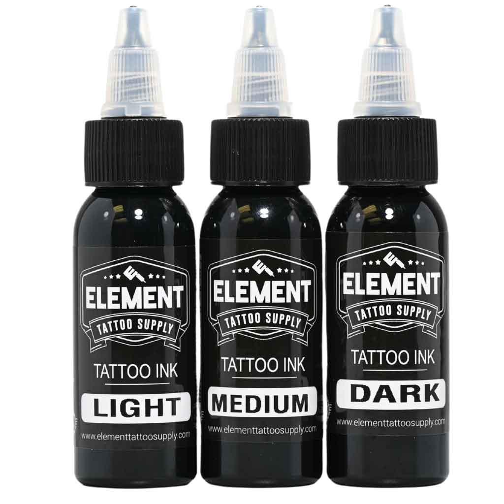 front voew of 3 shade greywash tattoo ink by element