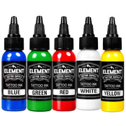 Five bottles of Element tattoo ink in white, blue, yellow, red, and green on a white background.