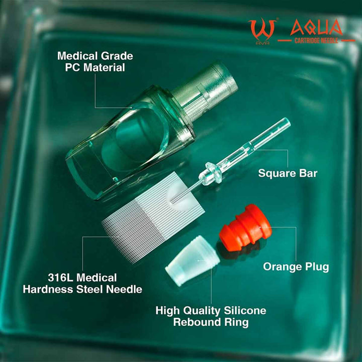 Medical-grade components on a green tray with 'Aqua' branding.