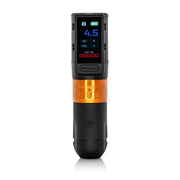 A Bishop Power Wand Advanced tattoo machine with a digital battery life readout, an orange body, and black handle.