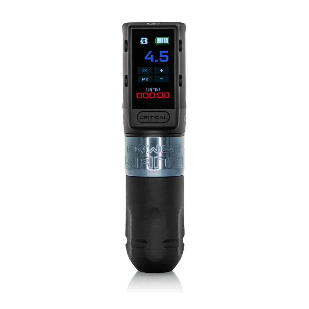 A Bishop Power Wand Advanced tattoo machine with a digital battery life readout, an blue body, and black handle.