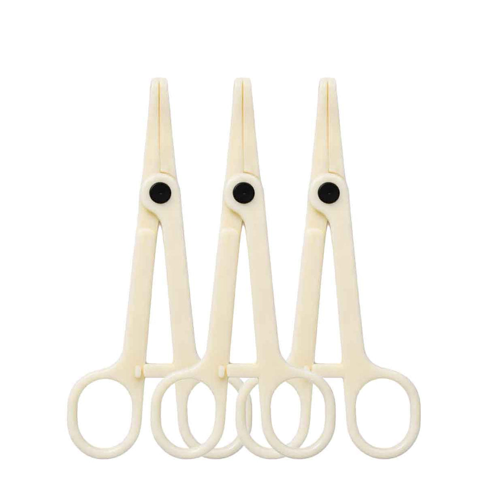 Three pairs of piercing navel clamps with black handles on a white background