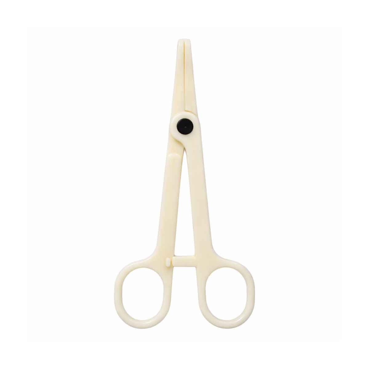 Pair of surgical forceps on a white background