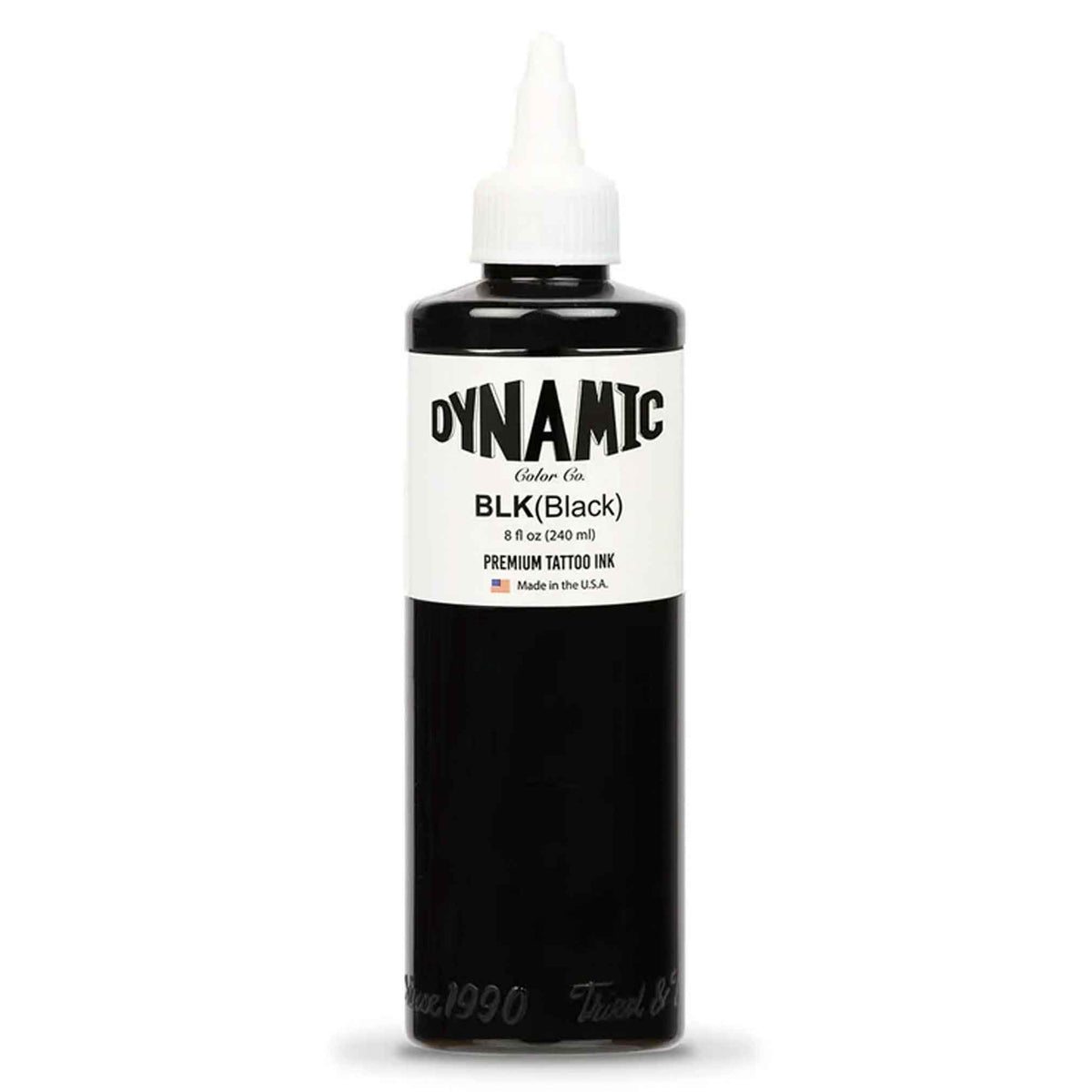 dynamic black tattoo ink bottle with a white twistop front view and drop shadow