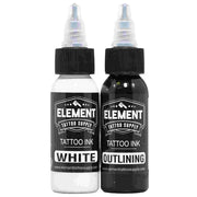 front view of white and black tattoo ink set by element tattoo supply