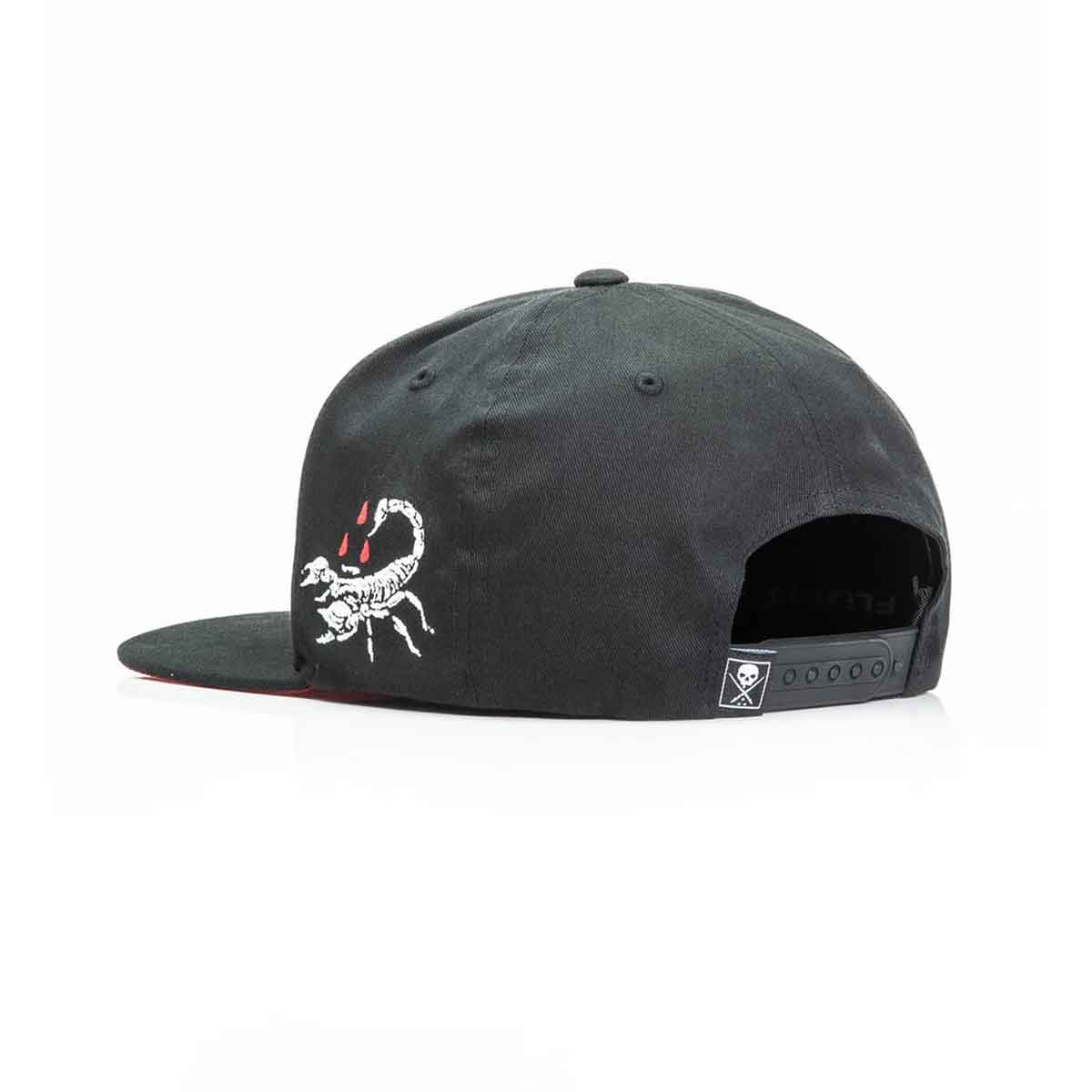 Black cap with a white scorpion design on a white background