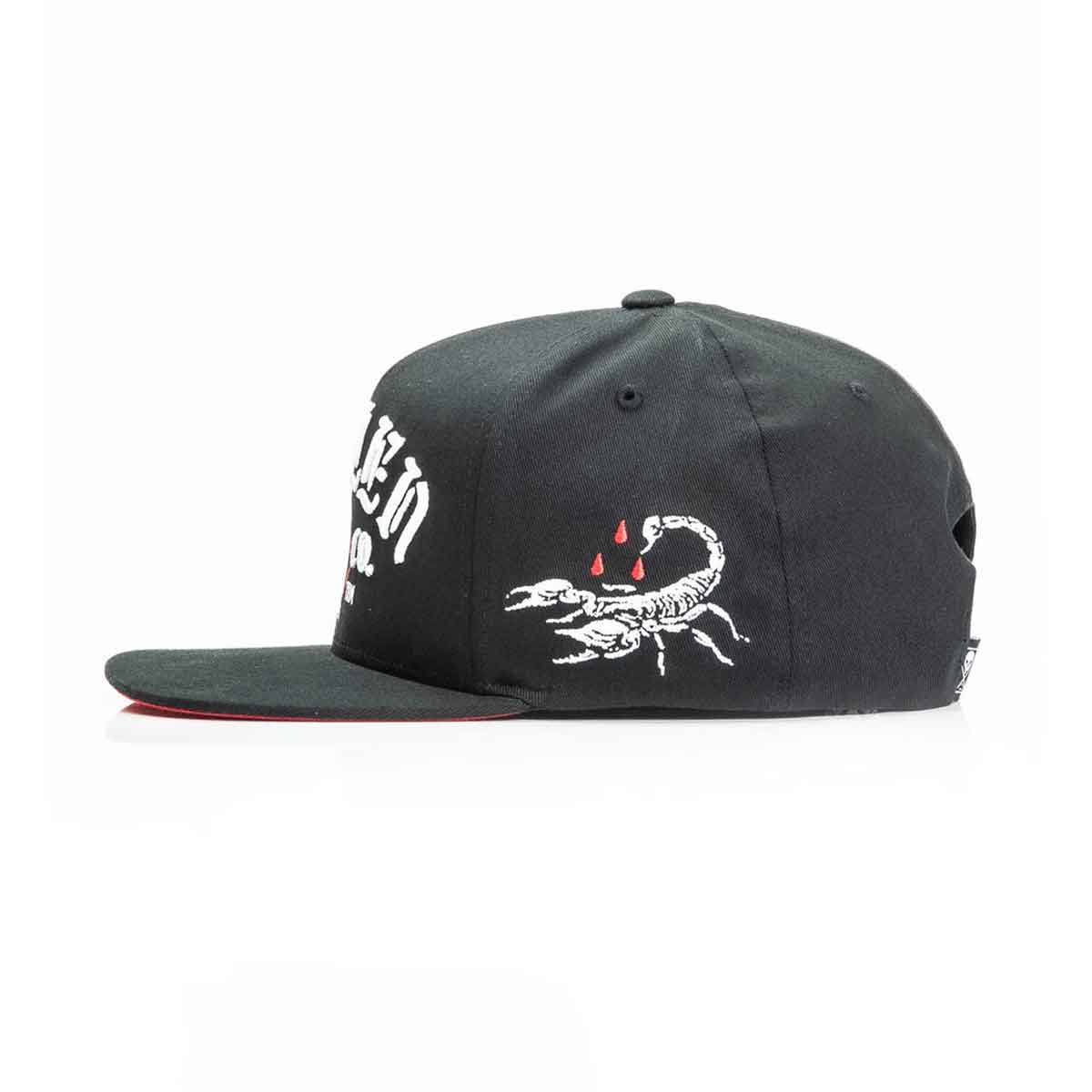Black cap with white scorpion design and text on a white background