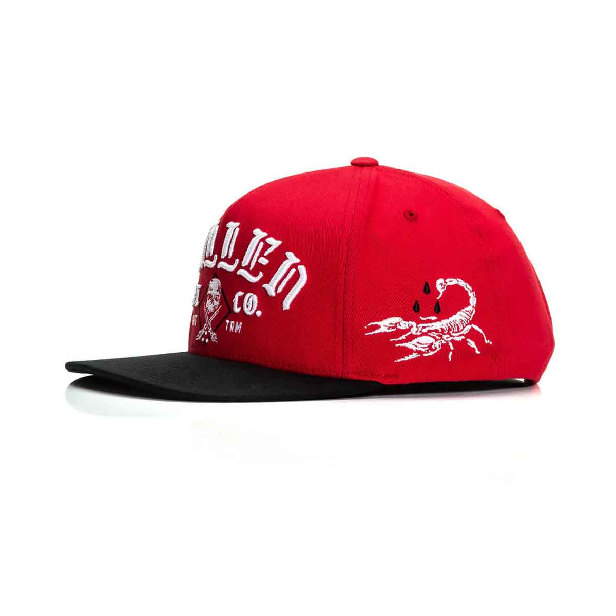 Red cap with white text and logo on a white background