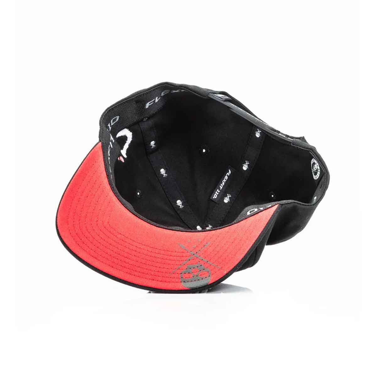 Black and red cap with brand logo on a white background