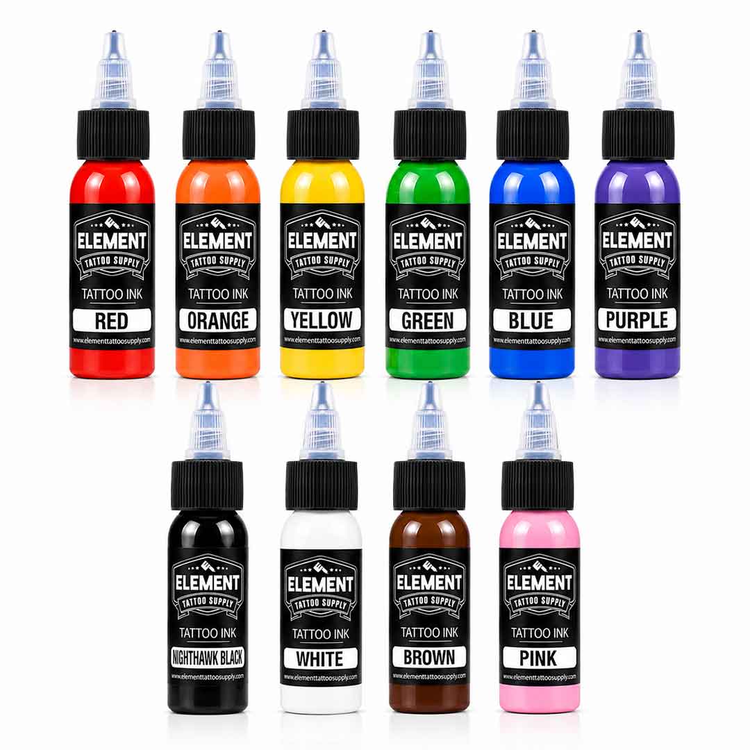 Ten Element Tattoo Ink bottles arranged in two rows on a white background, showing a variety of colors including red, orange, yellow, green, blue, purple, black, white, brown, and pink.