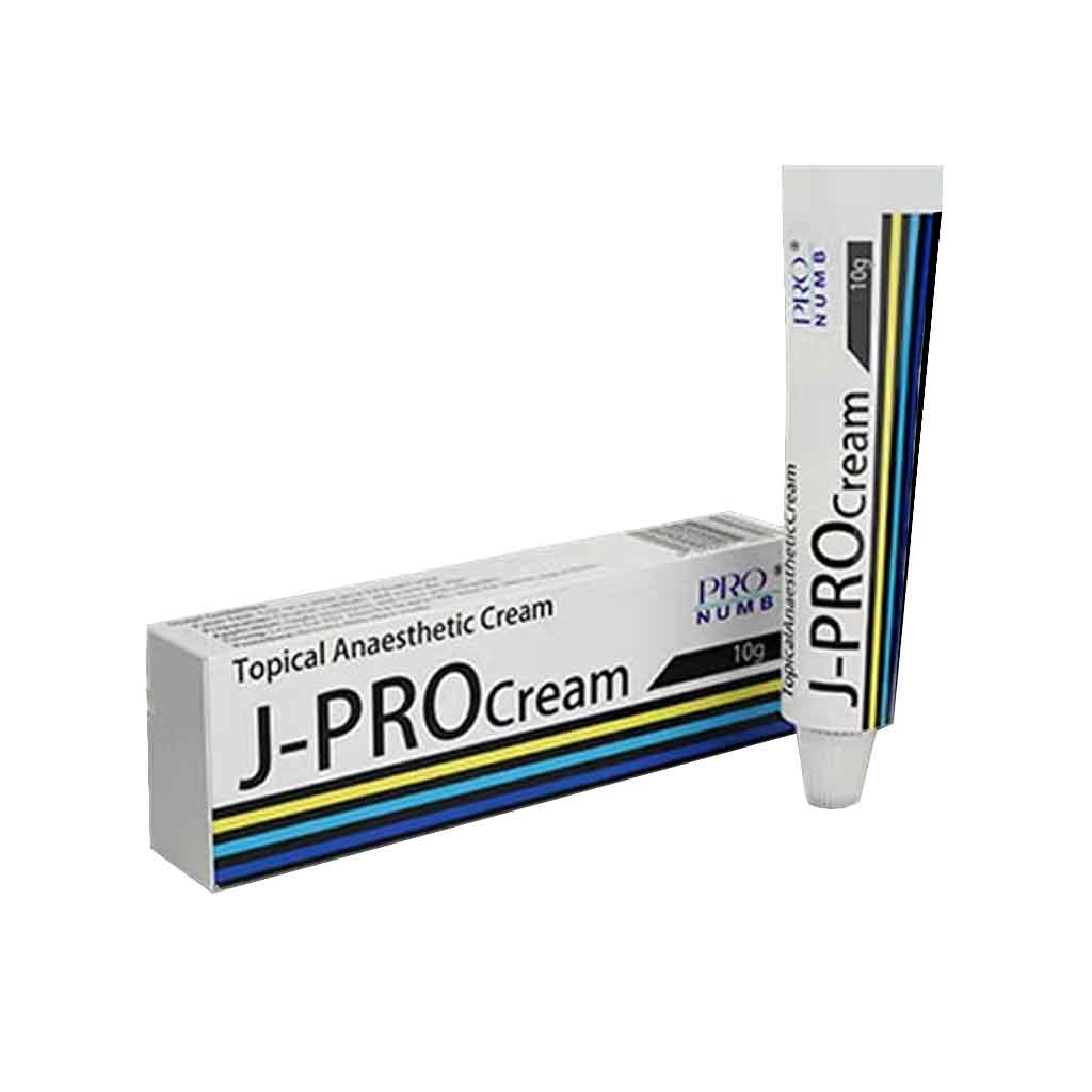 A tube of J-PRO Topical Anaesthetic Cream with its packaging box, indicating its use for tattoos and other medical procedures.