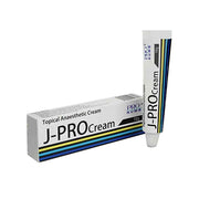 A tube of J-PRO Topical Anaesthetic Cream with its packaging box, indicating its use for tattoos and other medical procedures.