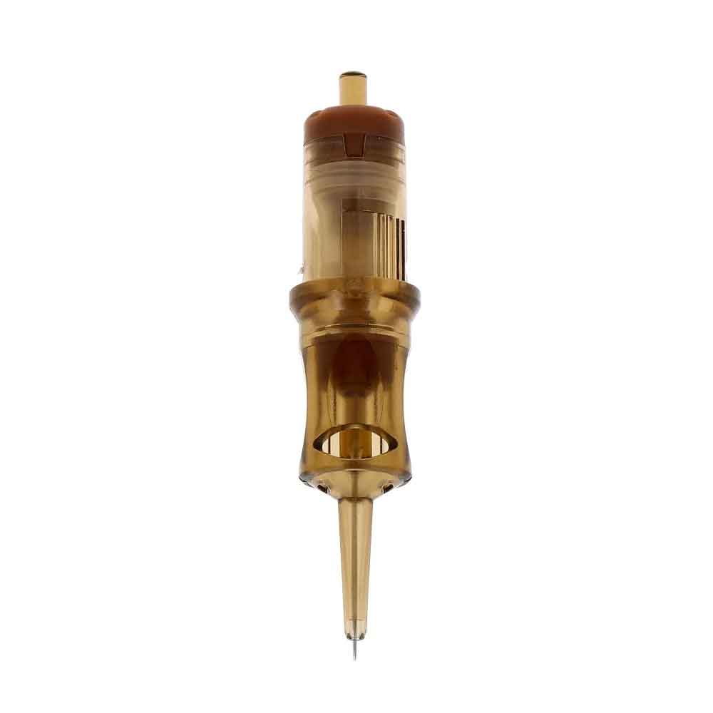 A single tattoo needle cartridge with a translucent amber-brown plastic body and a fine metal needle tip, shown vertically against a plain white background.