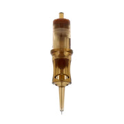 A single tattoo needle cartridge with a translucent amber-brown plastic body and a fine metal needle tip, shown vertically against a plain white background.