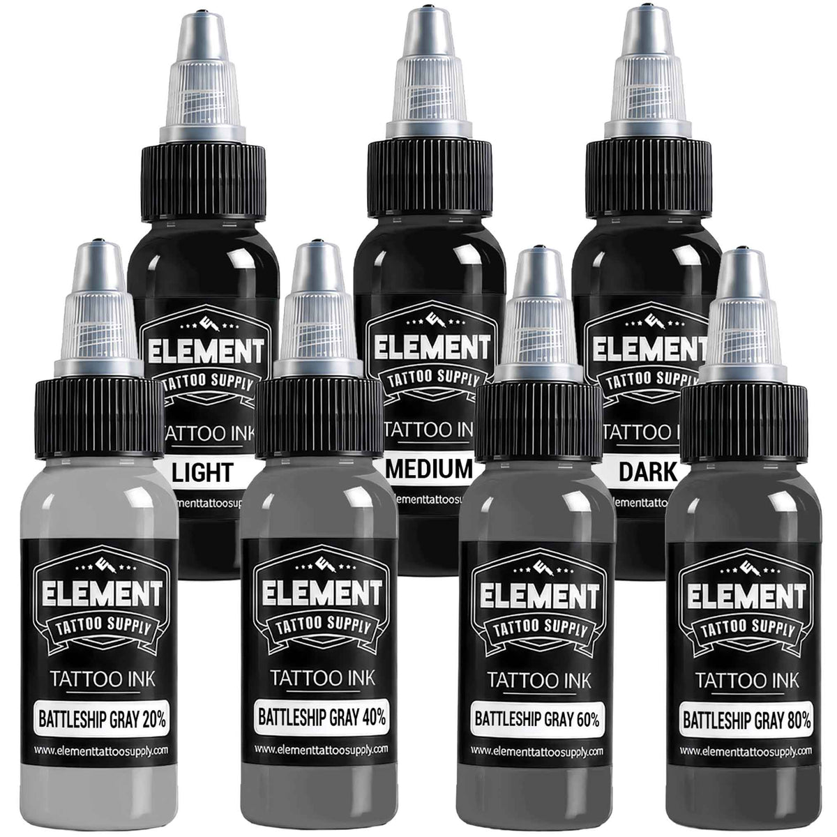 Element Battleship Gray 3 Shade Greywash Tattoo Ink Set, 7 Bottles