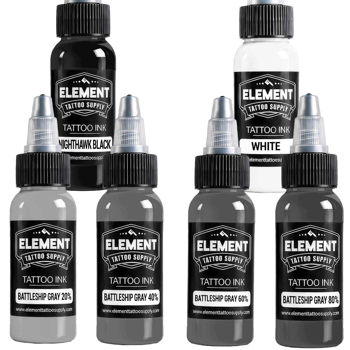 Element Battleship Gray Black and White Tattoo Ink Set, 6 Bottles
