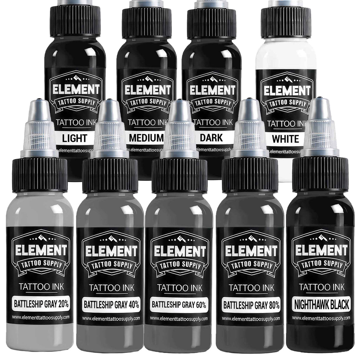 Element Battleship Gray 3 Shade Greywash Black White Tattoo Ink Set, 9 Bottles
