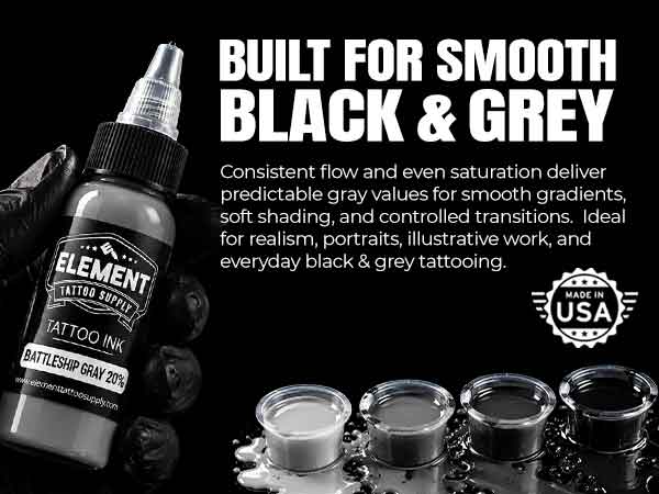 Element Battleship Gray Black and White Tattoo Ink Set, 6 Bottles