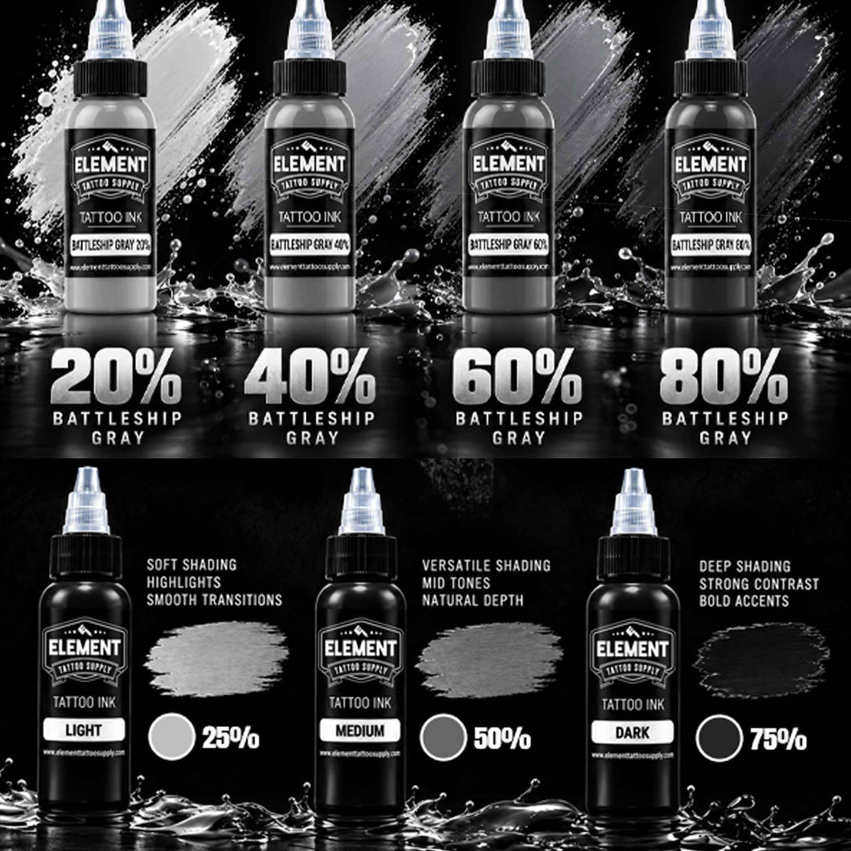 Element Battleship Gray 3 Shade Greywash Black White Tattoo Ink Set, 9 Bottles