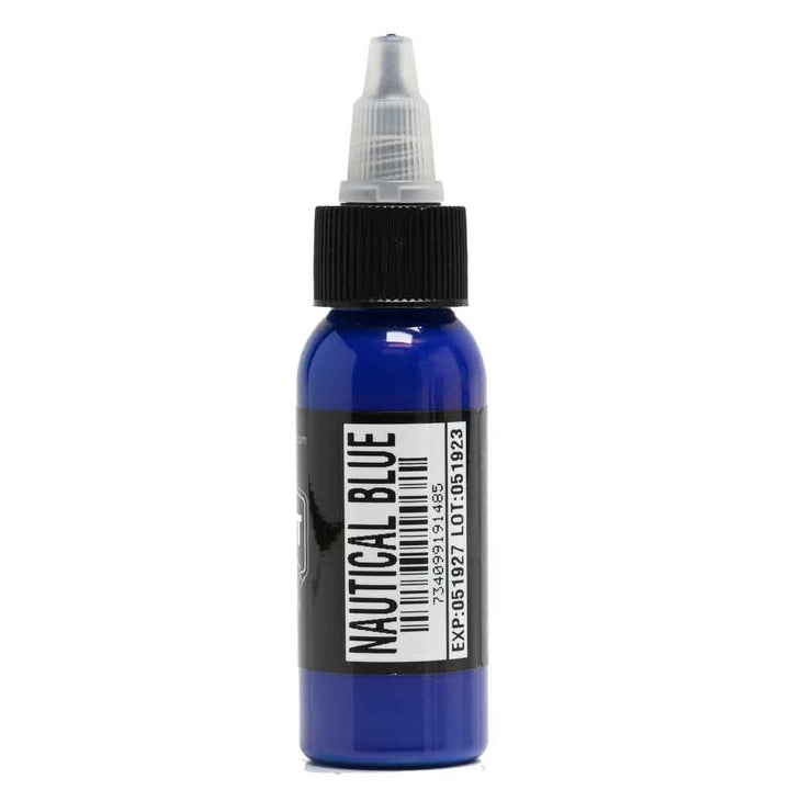 Tattoo Ink color Nautical Blue 1oz bottle back of the bottle color name view