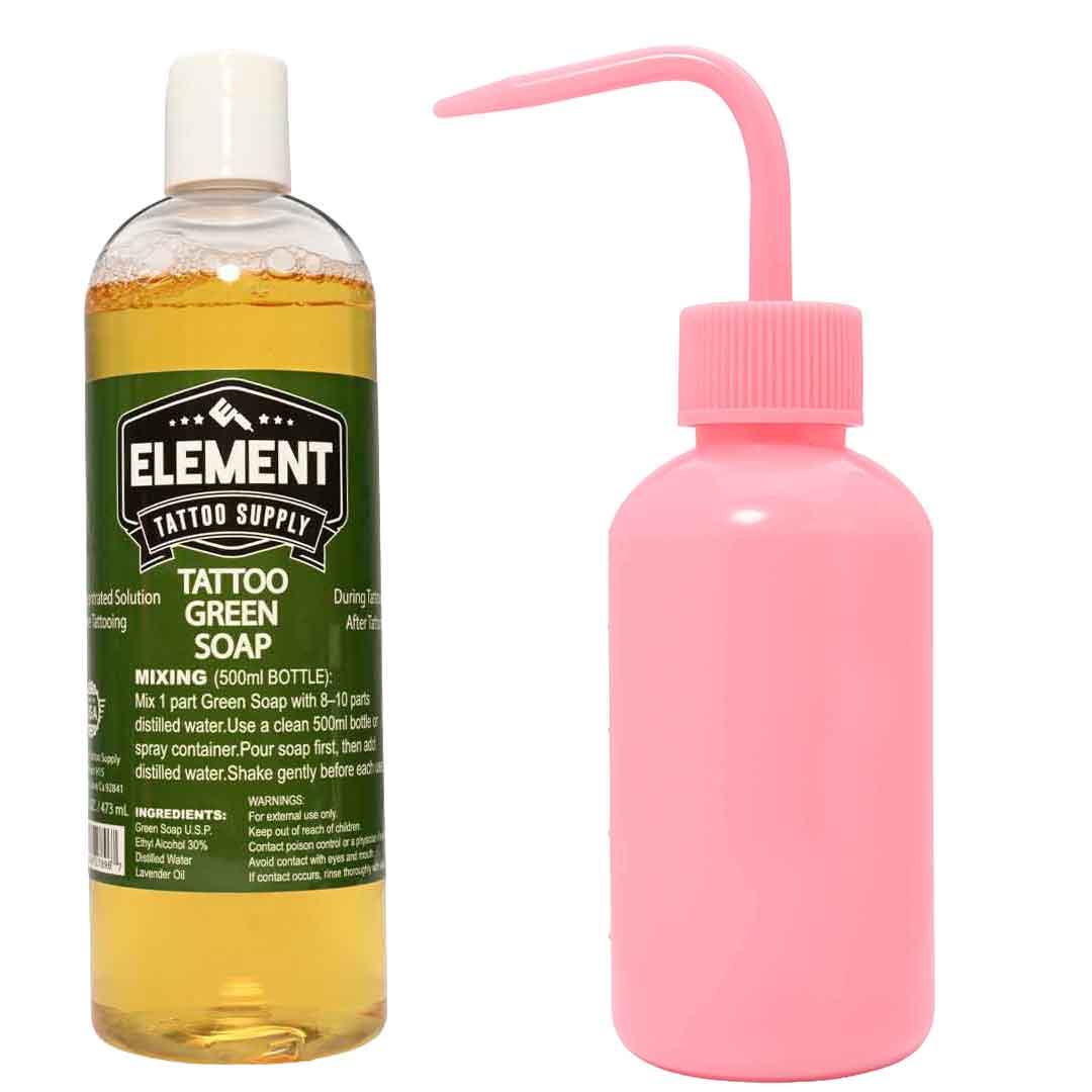 16 ounce bottle of green soap for Tattoos and a pink squeeze bottle