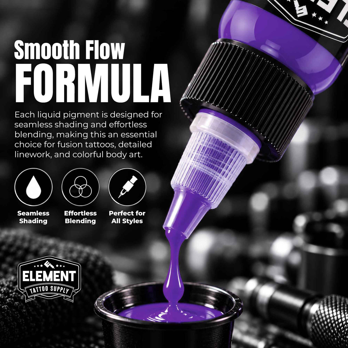  image of purple Tattoo Ink being dripped into an ink cap