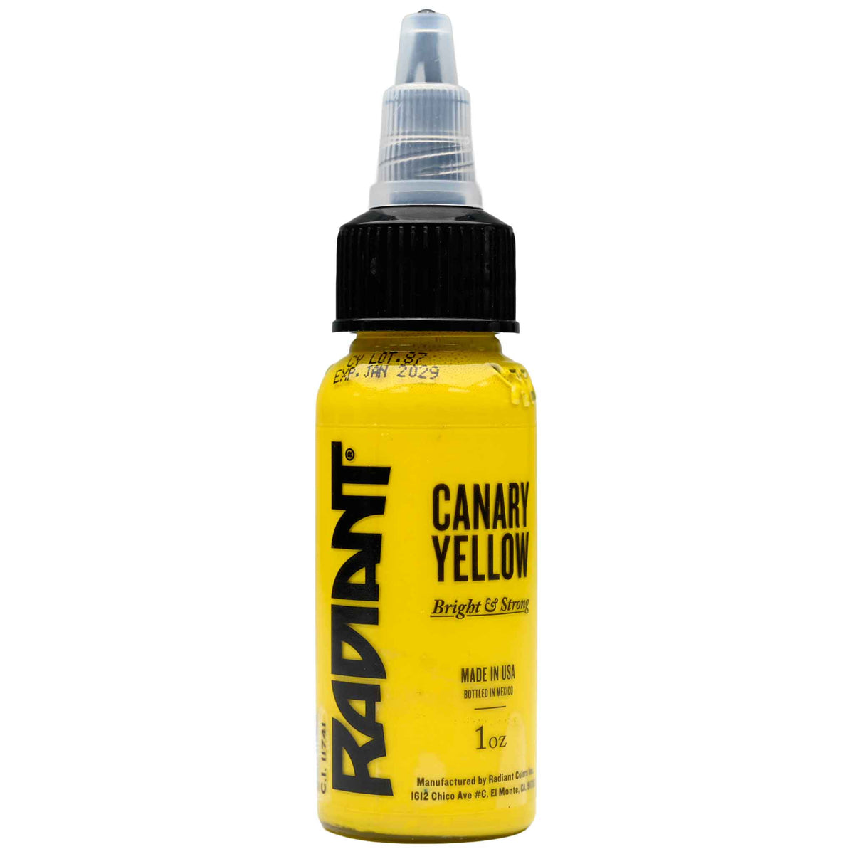 Radiant Tattoo Ink Canary Yellow front view of tattoo ink bottle