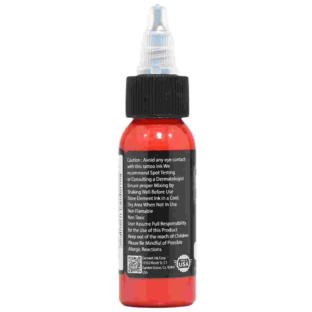 Element Tattoo Supply red tattoo ink bottle back label, tattoo ink safety and usage information, professional red tattoo ink bottle