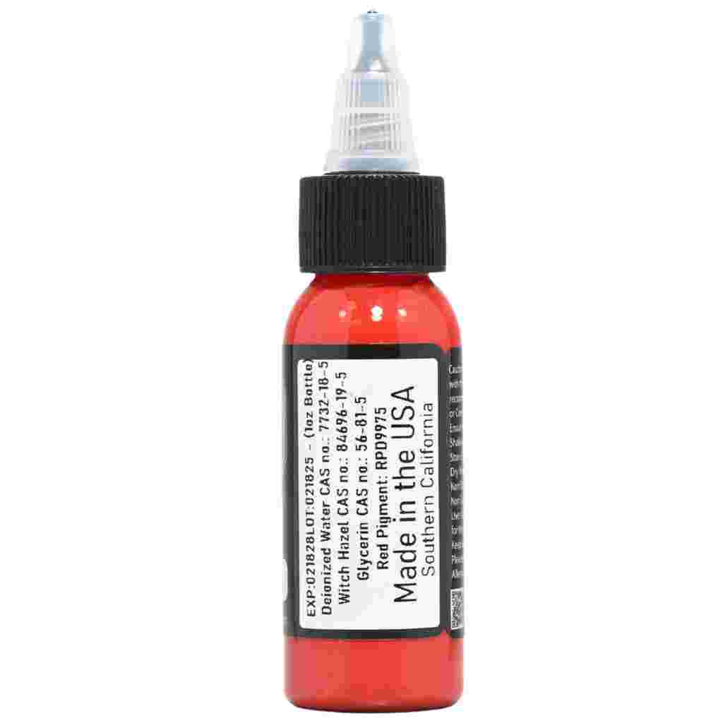 Element Tattoo Supply red tattoo ink bottle side label, red tattoo ink ingredients and made in USA information, professional tattoo ink bottle