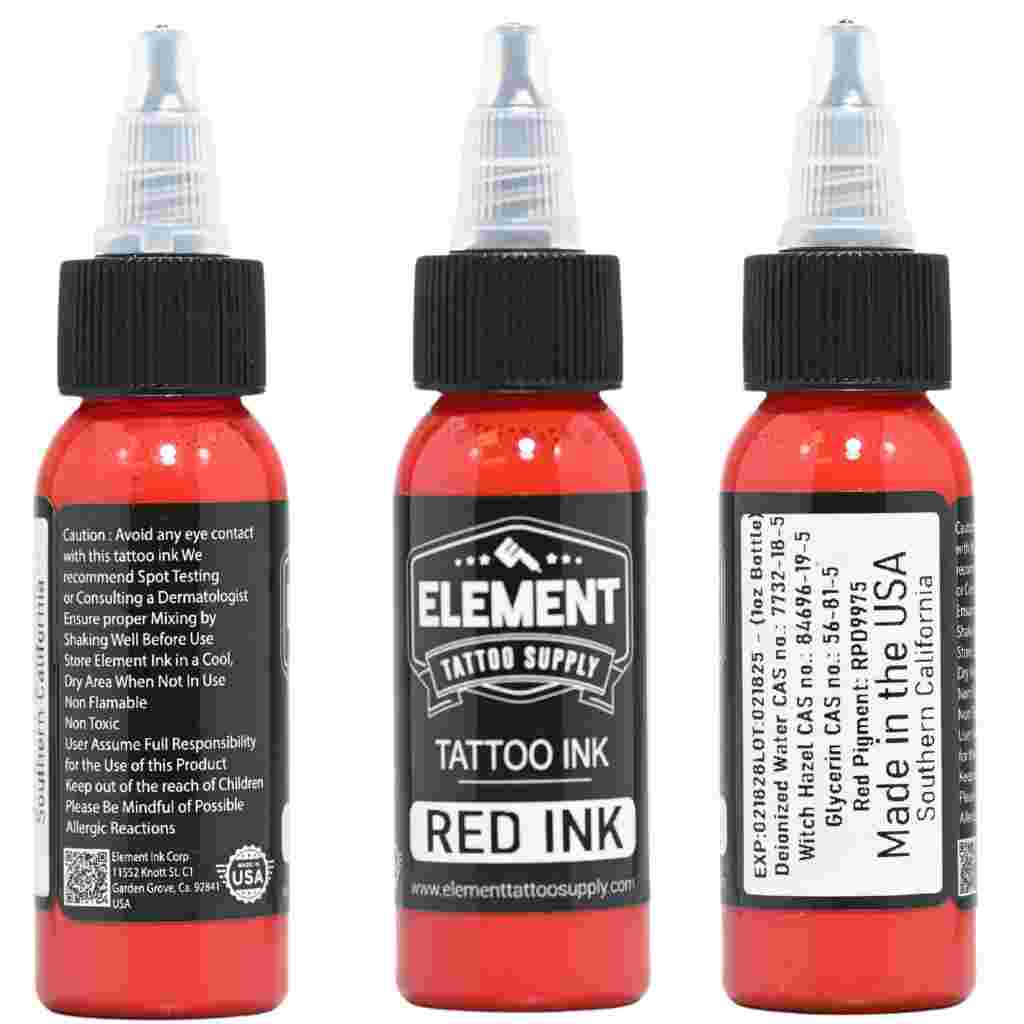 Element Tattoo Supply red tattoo ink bottle front label, professional red tattoo ink for color packing and bold tattoos, vegan tattoo ink made in USA