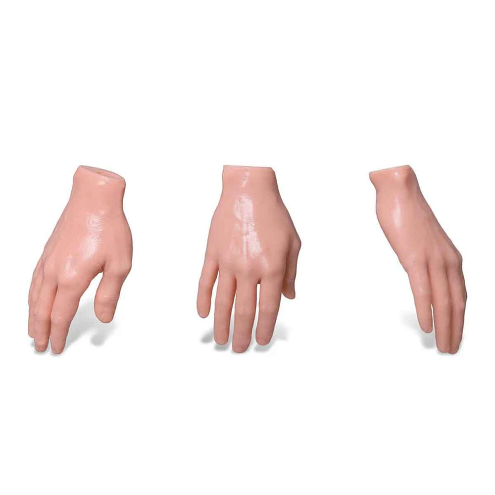Three mannequin hands on a white background