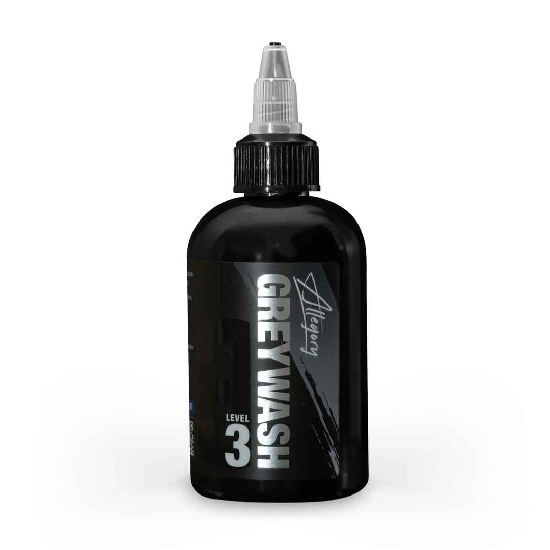 Black tattoo ink bottle labeled 'Grey Wash Level 3' on a white background
