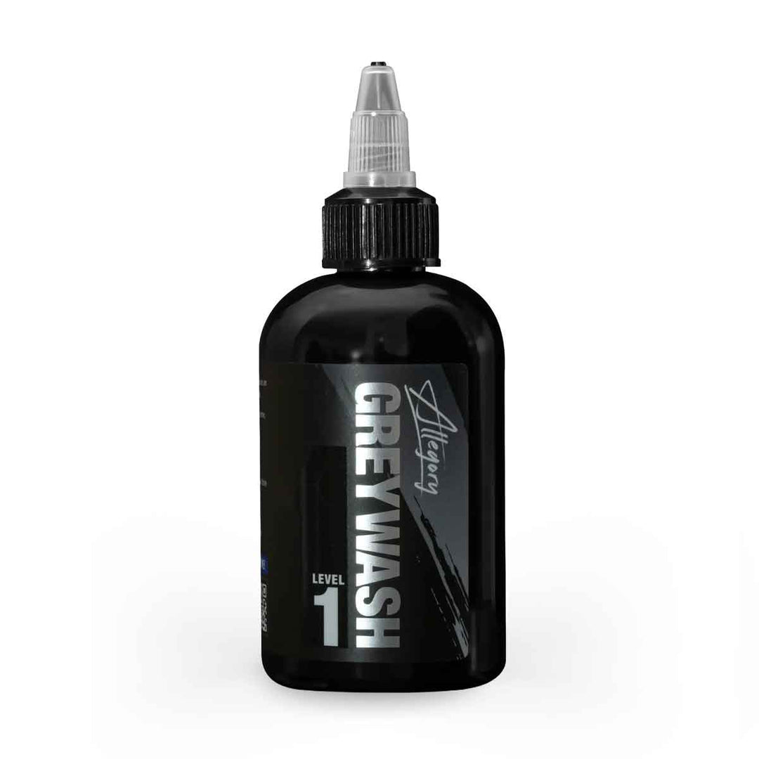 Black tattoo ink bottle labeled 'Greywash' on a white background