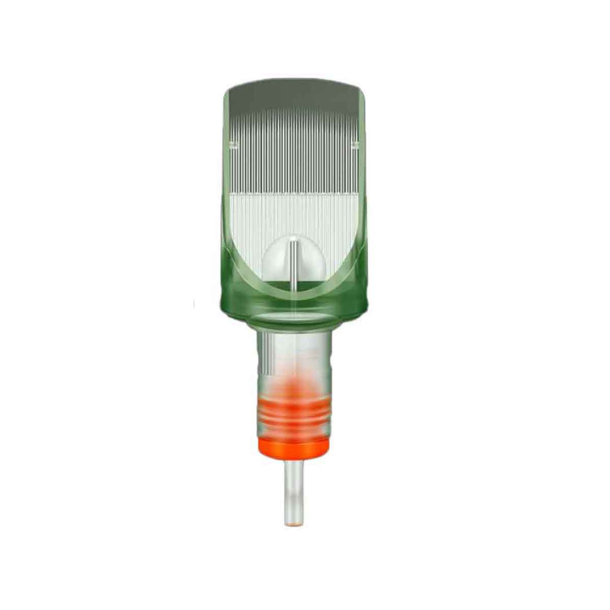 Green and orange syringe-like device on a white background