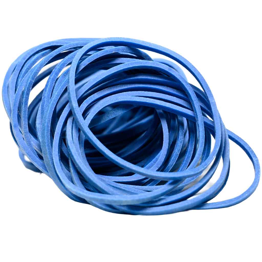 A bulk pile of professional blue rubber bands for tattoo machine setups.