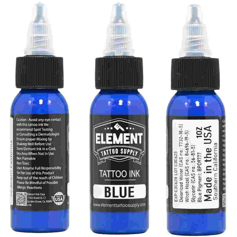 Photo of one bottle three different views of blue Tattoo Ink by Element Tattoo Supply
