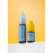 Two Brovi e-liquid bottles in the cinnamon sugar flavor, one with a clear cap and one with a yellow cap, standing on a white surface against a yellow background.