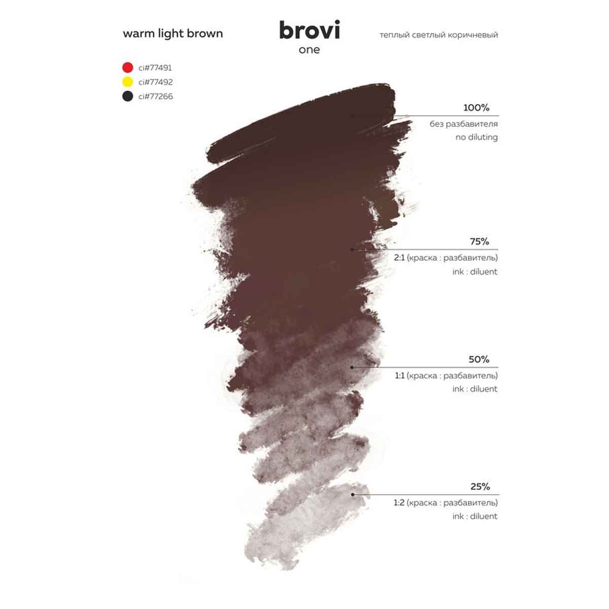 A color chart for brovi one warm light brown pigment, showing a vertical brush stroke swatch at different dilution levels (100%, 75%, 50%, 25%) with color codes and Russian text on a white background.