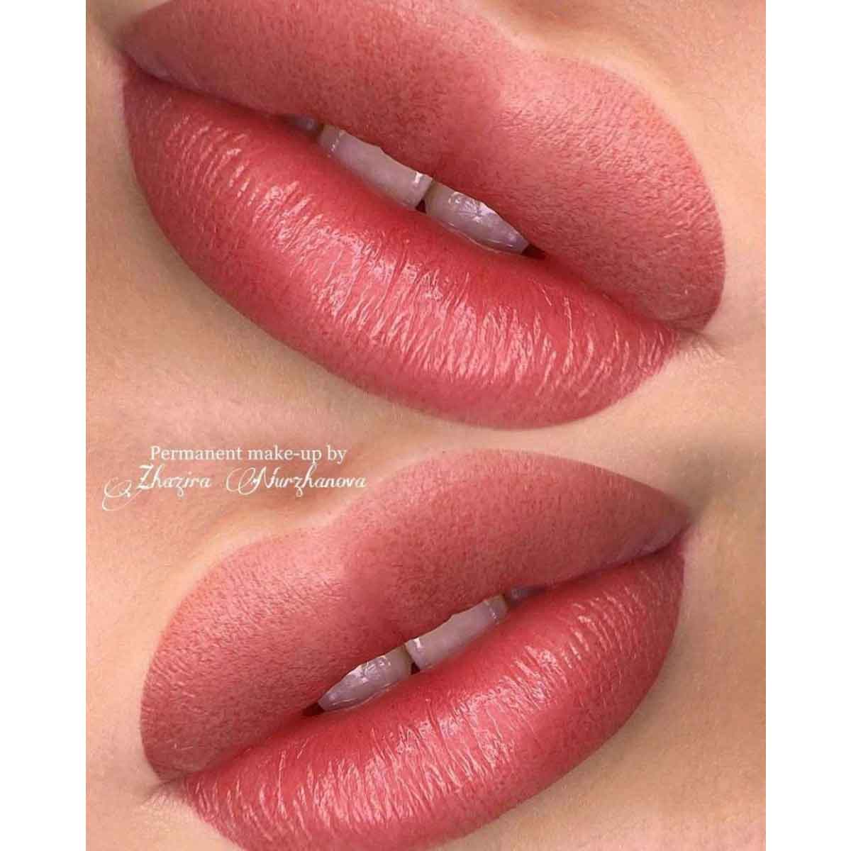 Close-up of a person's lips wearing a glossy, matte-look dusty rose pink lip color, with a smaller inset showing the natural lip color underneath. Text watermark reads 'Permanent make-up by Zhuqin (Yuhxanou)'.