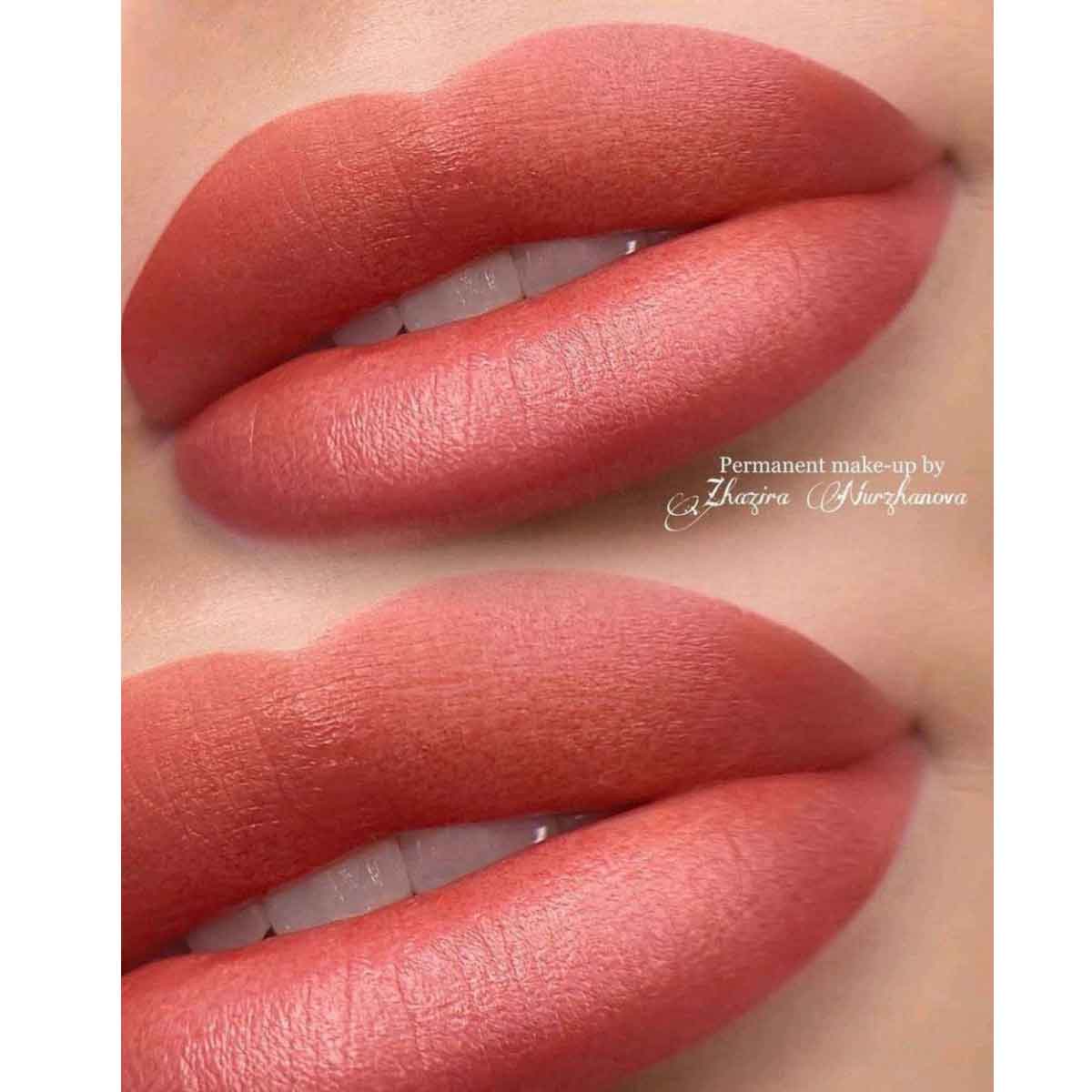 Close-up of a person's lips wearing a matte dusty rose pink lipstick, shown in two stacked views. A small watermark reads 'Permanent make-up by Zainab Al-Mansour'.