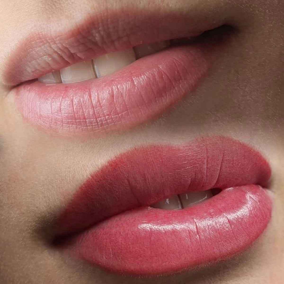 Close-up of two pairs of lips wearing different shades of glossy pink lipstick on a person's face.