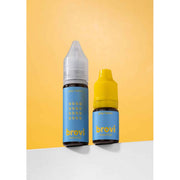 Two Brovi e-liquid bottles standing upright on a white surface against a yellow background. One bottle has a clear cap and a blue label with yellow text, and the other has a yellow cap and a matching blue label.