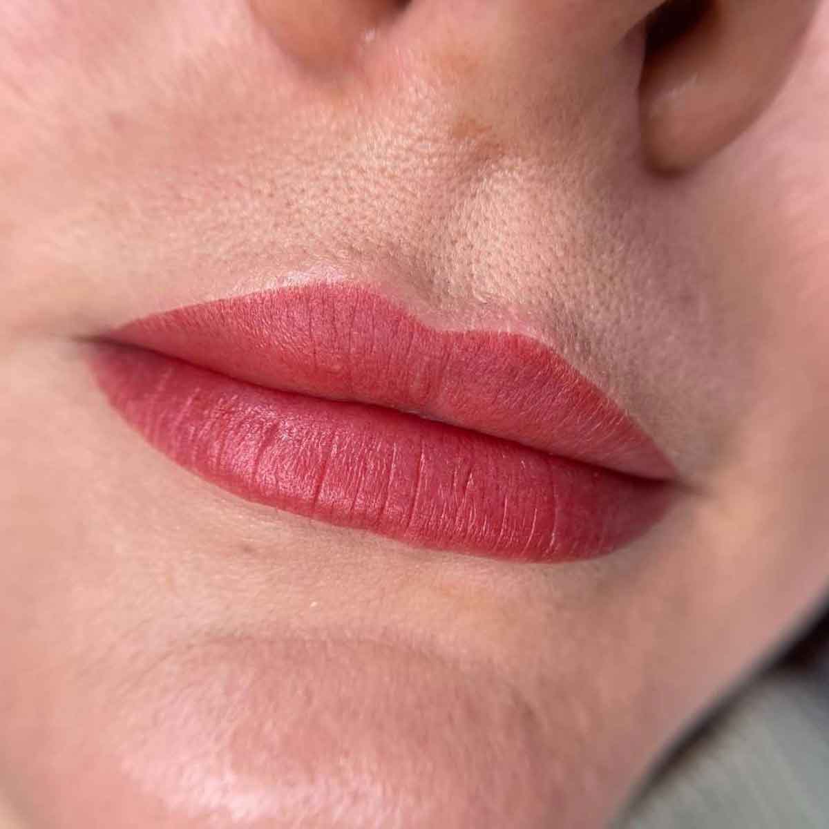 Close-up of a person's lips wearing a matte dusty rose pink lipstick.