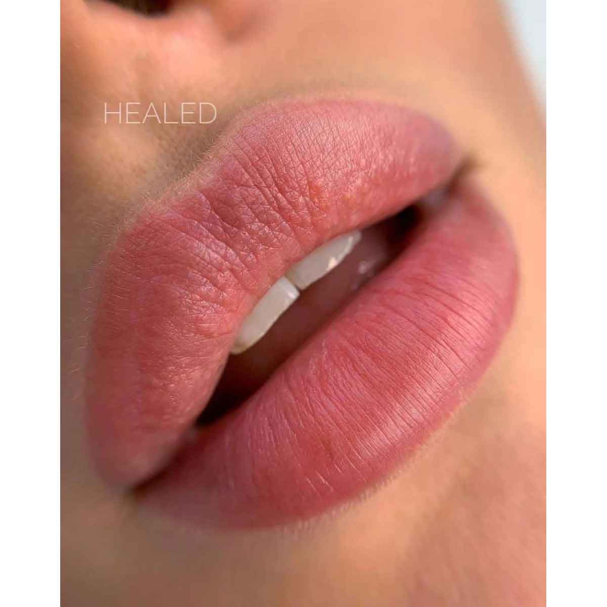 Close-up of a person's lips showing a healed pinkish-red lip stain or tattoo result, with the word 'HEALED' overlaid in white text.