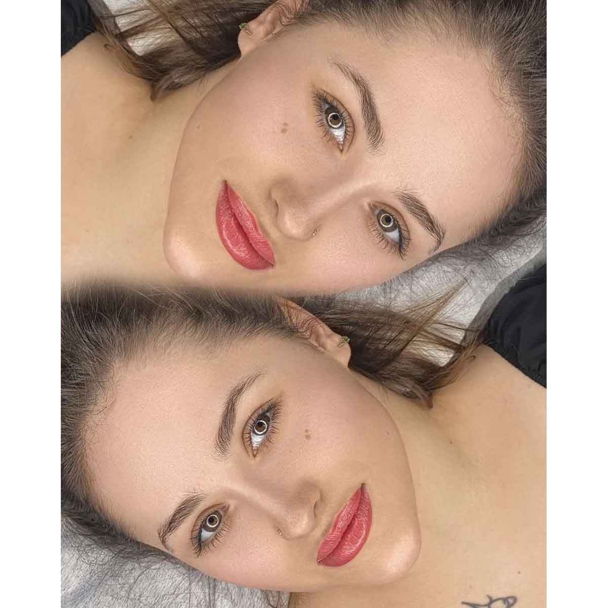 Two close-up portrait views of a woman lying down, showing the same makeup look on her lips in two different lighting or expression states.