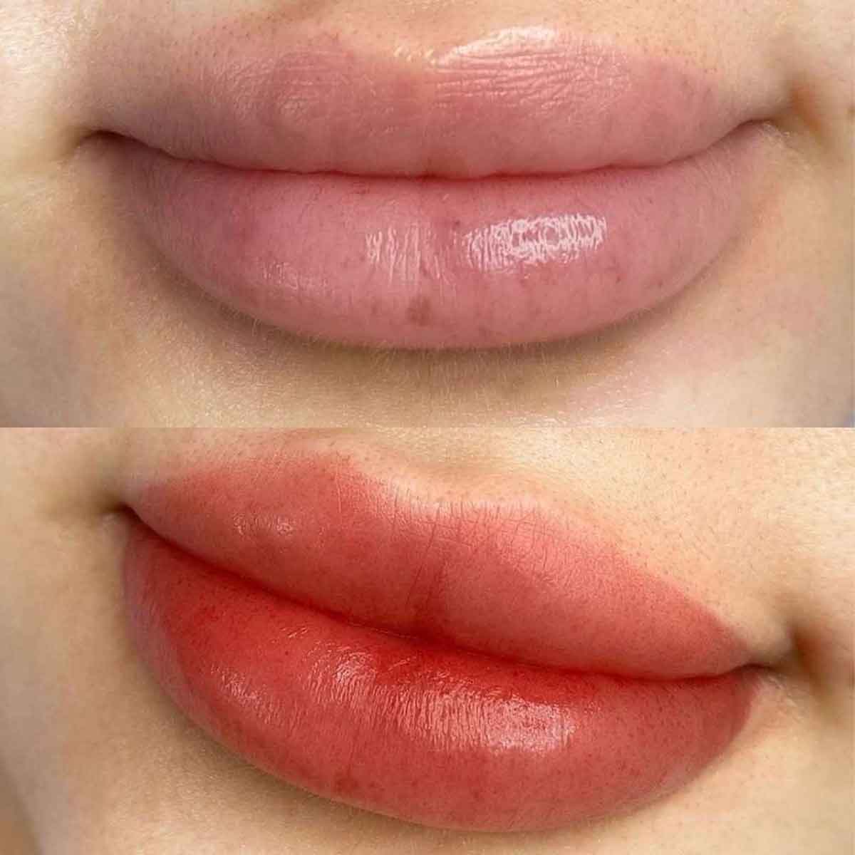 Close-up of a person's lips with a focus on color and texture.