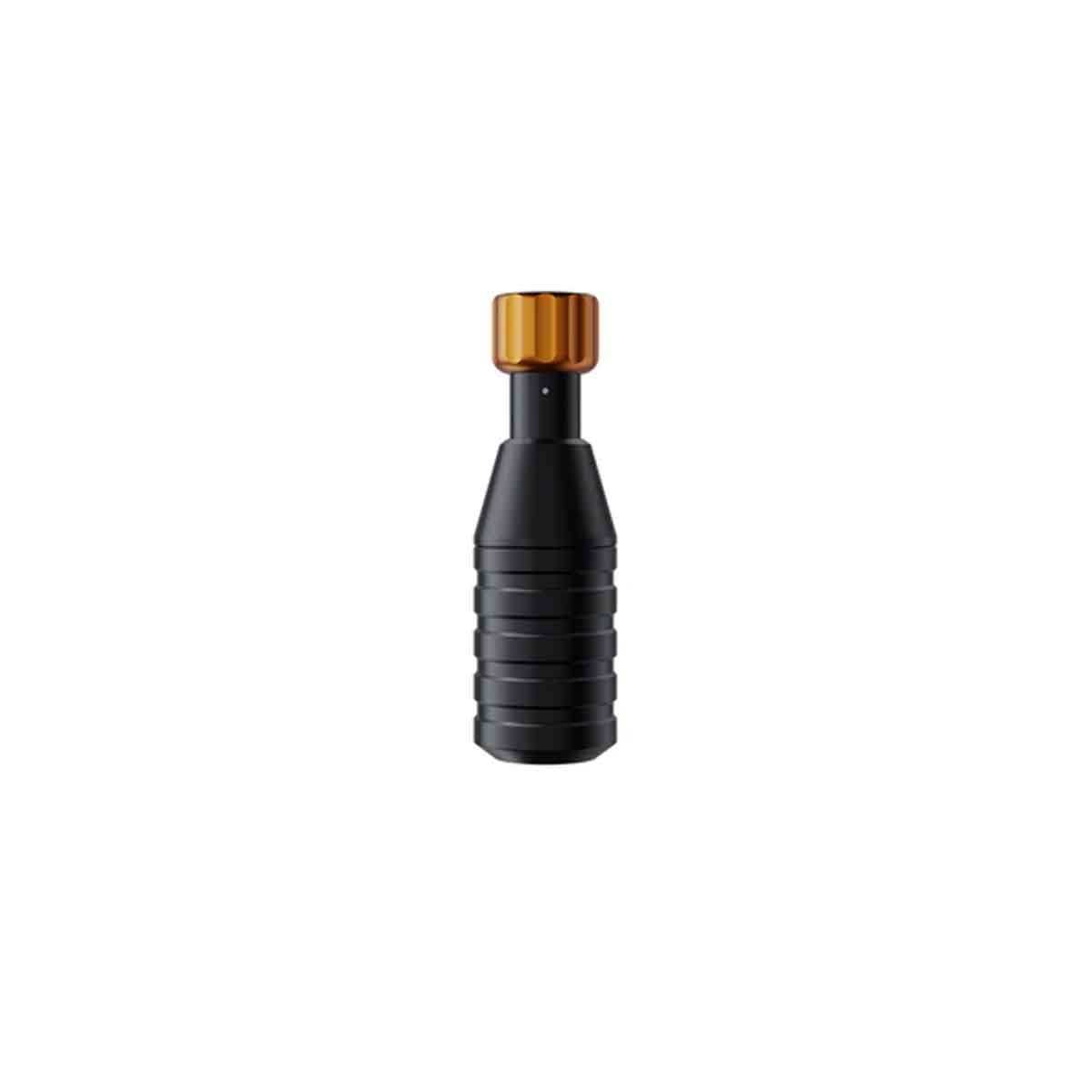 Black and gold cylindrical object on a white background